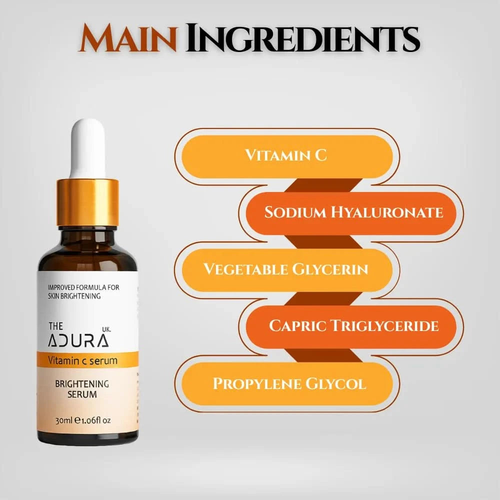 Adura vitamin C serum bottle with list of main ingredients on a gray background