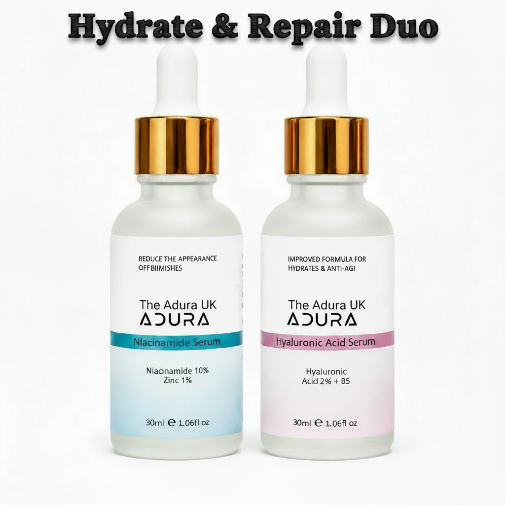Two 30ml dropper bottles of The Adura skincare serums, shown side-by-side on a white background. The left bottle is labeled 'Niacinamide Serum' with a blue accent band, and the right bottle is labeled 'Hyaluronic Acid Serum' with a pink accent band.