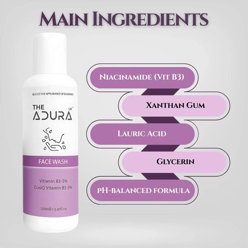 Adura face wash bottle with a list of main ingredients on a gray Vitamin B3 Face Wash – 5% Niacinamide