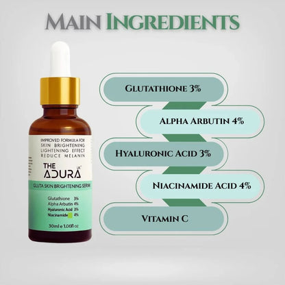 The Adura Gluta Skin Brightening Serum Ingredients Glutathione 3% + Alpha Arbutin 4%