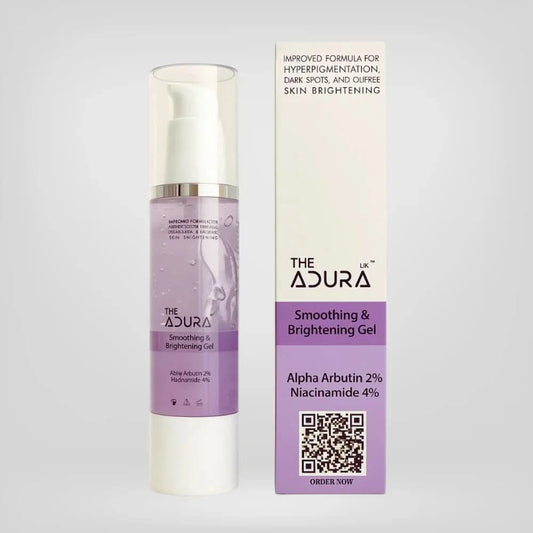 Adura smoothing and brightening gel with packaging on a light gray background
