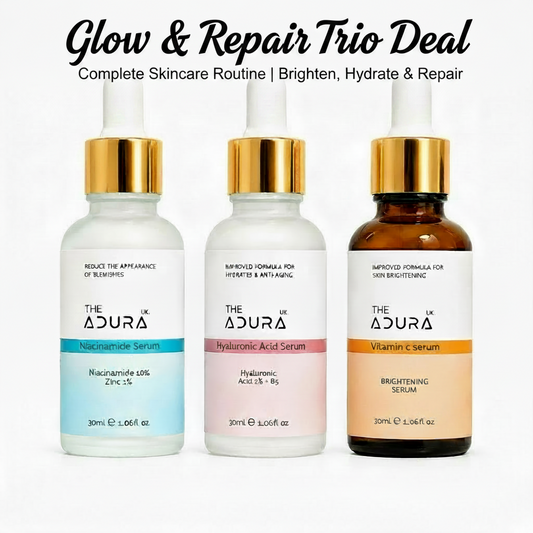 Three skincare serum bottles with gold caps on a gray background, labeled 'Glow & Repair Bundle' with promotional text.
